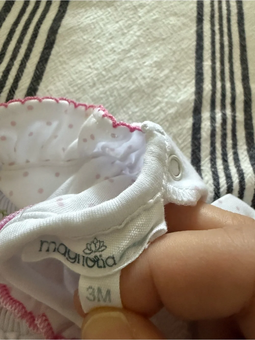 Magnolia Baby - White Baby Bubble Romper with Pink Trim and Strawberry Smocking